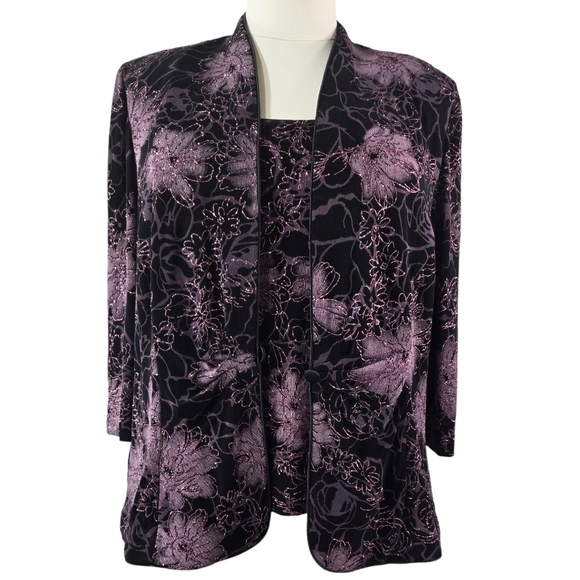 Alex Evenings Black Purple Floral Slinky Knit Jacket Tank Top Party Set of 2 - Picture 1 of 11